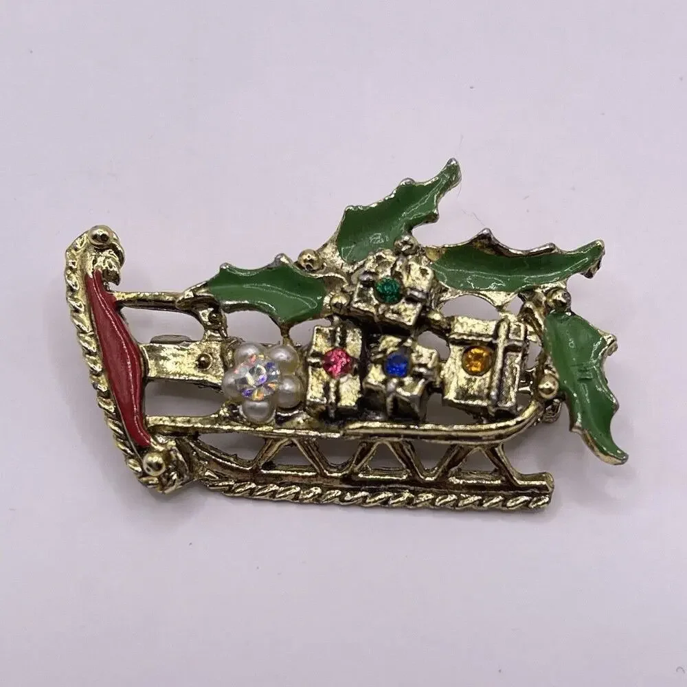 Vintage Christmas Sled Santa's Sleigh Pin Brooch Presents Enamel Rhinestone Gold